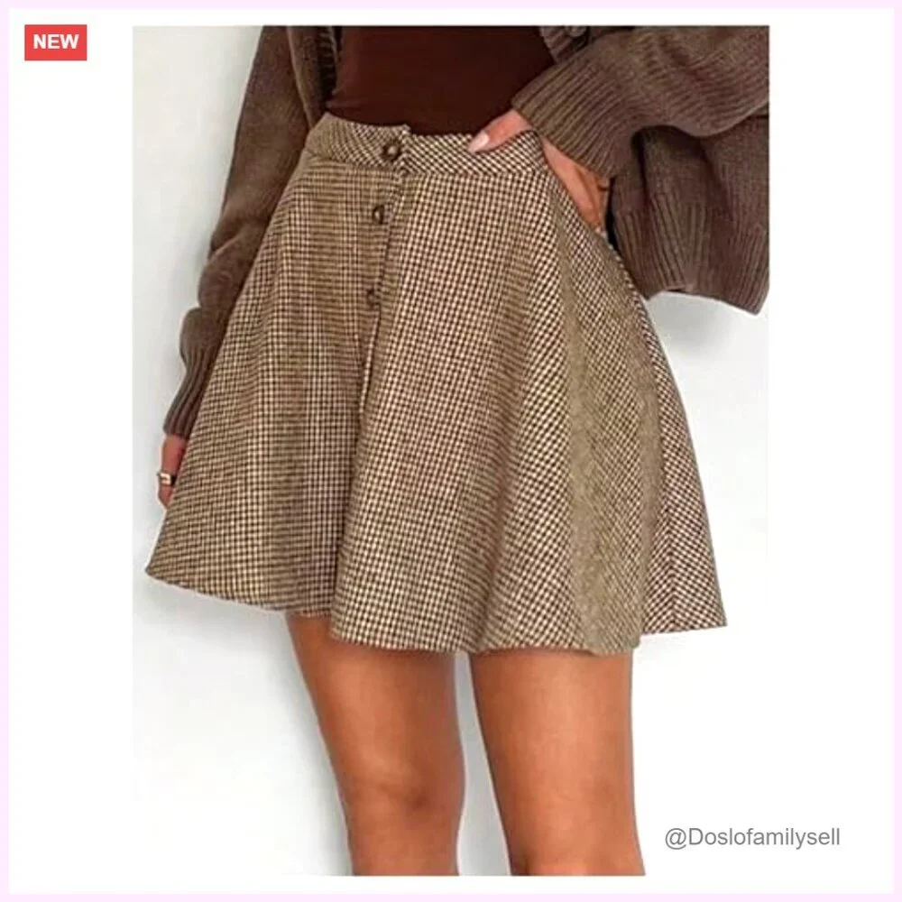 Vintage Plaid Button Mini Skirt High Waist A Line Flared Pleated - Picture 2 of 5